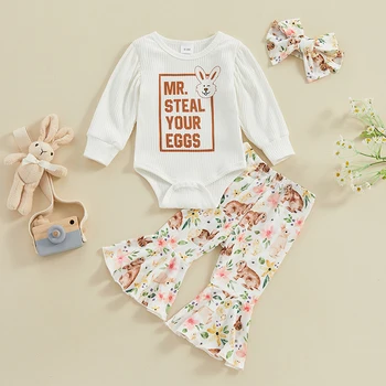 0-18M Новородено бебе момичета пролетни дрехи комплекти Великден заек писмо печат бутер дълъг ръкав бодита + флорални панталони + лента за глава