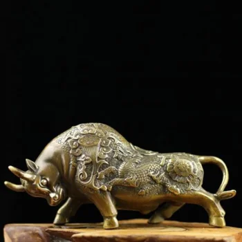 19см китайски стар ръчно изработени месинг крава носят дракон лотос модел статуя декорация