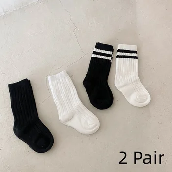 2 чифт детски чорап простота черно бяло теле чорап за бебе момиче момче мода памук спортен чорап за дете пролет есен раиран чорап