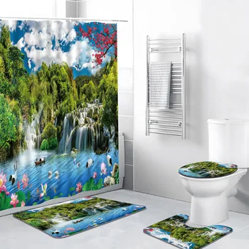 4pcs/Set горски пейзаж душ завеса печат зелен водопад лотос кран природа баня декор баня мат килим тоалетна капак