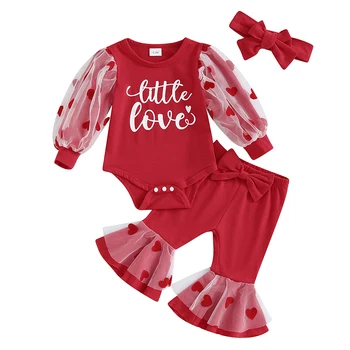 Baby Girls Свети Валентин комплекти Сладко новородено сърце печат гащеризон разкроени панталони лента за глава 3бр бебе пролетта комплект
