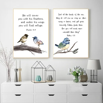 Birds Bible Verse Art Print Christian Gifts Scripture Poster Matthew 6:26 Canvas Painting Psalm 91:4 Quote Wall Pictures Decor