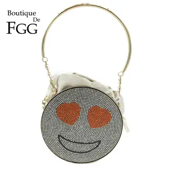Boutique De FGG Smile Enjoy Face Women Rhinestone чанти Метални съединители Кръгла топка Вечерни чанти Парти вечеря Кристална чанта