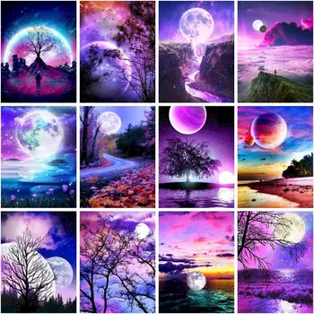 CHENISTORY Square Diamond Mosaic Moon Labdscape Cross Embroidery Kit 5d Full Diamond Painting Pictures Home Decoration