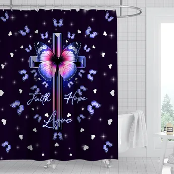 Cross християнството душ завеса цвете пеперуда 3D печат полиестер анти-мухъл водоустойчив баня затъмнение завеса баня екран