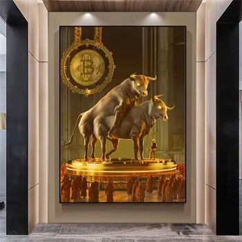 Golden Bull Cattle Bitcoin Canvas Painting Плакати и отпечатъци Вдъхновяващи картини за стена за декорация на дома в офис стая
