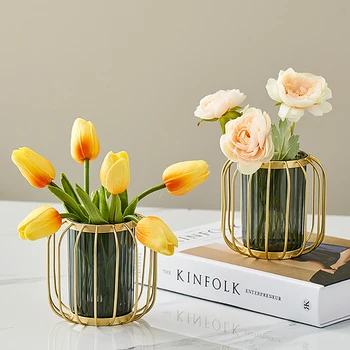 Nordic Ideas Art Golden Vase Metal Hydroponic Plant Flowers Pot Floral Arrangement Plated Alloy Glass Vases Desk Home Decoration