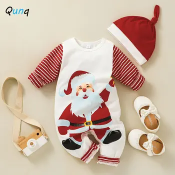 Qunq 2023 Есен Ново бебе момичета Коледен костюм Раиран печат Снаждане гащеризон + капачка 2 броя комплект Causual детски дрехи възраст 0-2T