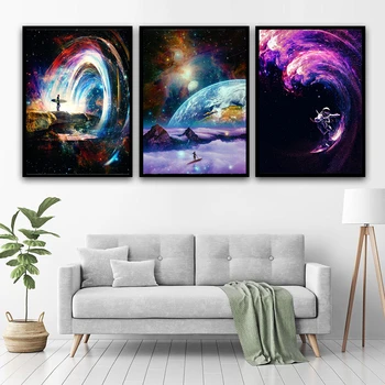 Астронавти сърфират в звездното небе Плакати Космическа галактика Вселена Платно живопис Картини за спалня Домашен декор