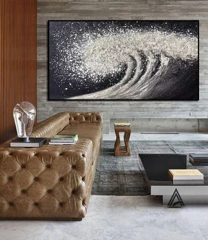  Бяла огромна вълна маслена живопис върху платно Boho стена декор ръчно рисувани океан дома декор черно бяло текстура живопис черно стена изкуство