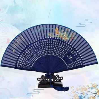  китайски стил лятна танцова декорация сгъваем вентилатор, бамбуково дърво коприна West Lake Scenery Hand Fan, външен преносим сгъваем вентилатор за подаръци