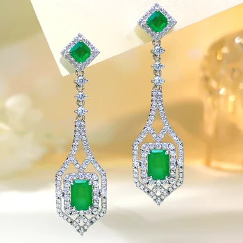 Луксозна ретро мода Emerald 925 сребърни луксозни обеци, инкрустирани с високовъглероден диамант, малък брой, класа и универсален