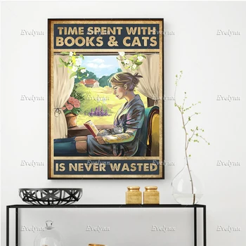 Любителите на книги и котки Момичето Времето, прекарано с книги и котки, никога не се губи Плакат Картини за стена Начало Декор Платно плаваща рамка
