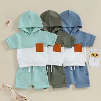 Малко дете бебе момче шорти комплекти 2 парче тоалети летни дрехи контрастни цветове къс ръкав качулка тениска и еластични шорти комплект