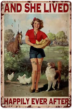 Метален калаен знак и тя живее щастлив живот Момиче и пиле куче кон момиче фермер декорация стена изкуство ретро плакат двор Начало