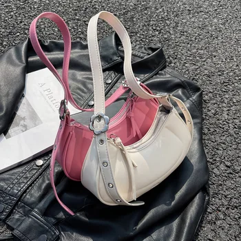Мода жени пратеник чанта половин луна дизайн тенденция прост рамо чанта плътен цвят кожа подмишниците Crossbody чанта чанта розово