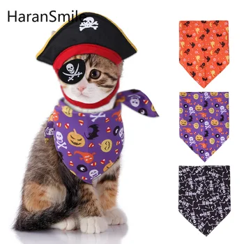 Нов Хелоуин пират шапка триъгълник шал комплект скелет котка тиква кърпа комплект