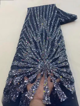 Пайети африкански френски нетна дантела плат 2023 флот синьо високо качество тюл окото дантела булчински нигерийски сватбена рокля дантела за жена