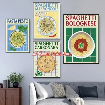 Спагети с миди Плакат и печат Карикатура Паста Песто Болонезе Платно Живопис Кухня Ресторант Храни Стена Арт Картини