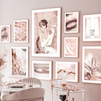 Стенно изкуство платно живопис розово момиче цвете диамант перла шампанско любов ръце хол декор плакати и отпечатъци стена снимки