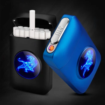 Табакера USB зареждане запалка 19pcs капацитет цигари контейнер контейнер кутия ветроупорен запалка тютюн притежателя мъжки подаръци