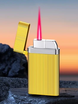 Ултра тънка червена огнеустойчива запалка с триизмерни линии прав пламък метална надуваема запалка мъжка играчка