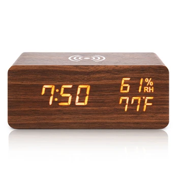 Цифров будилник, температура и влажност будилник LED електронен часовник смартфон безжично зарядно устройство