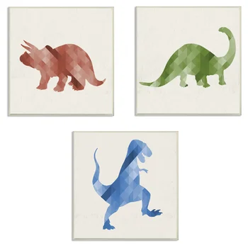  червено зелено синьо динозаври 3pc стена плакет арт комплект, 3pc, всеки 12 X 0.5 X 12, за вътрешна употреба, изобразява динозаври в синьо